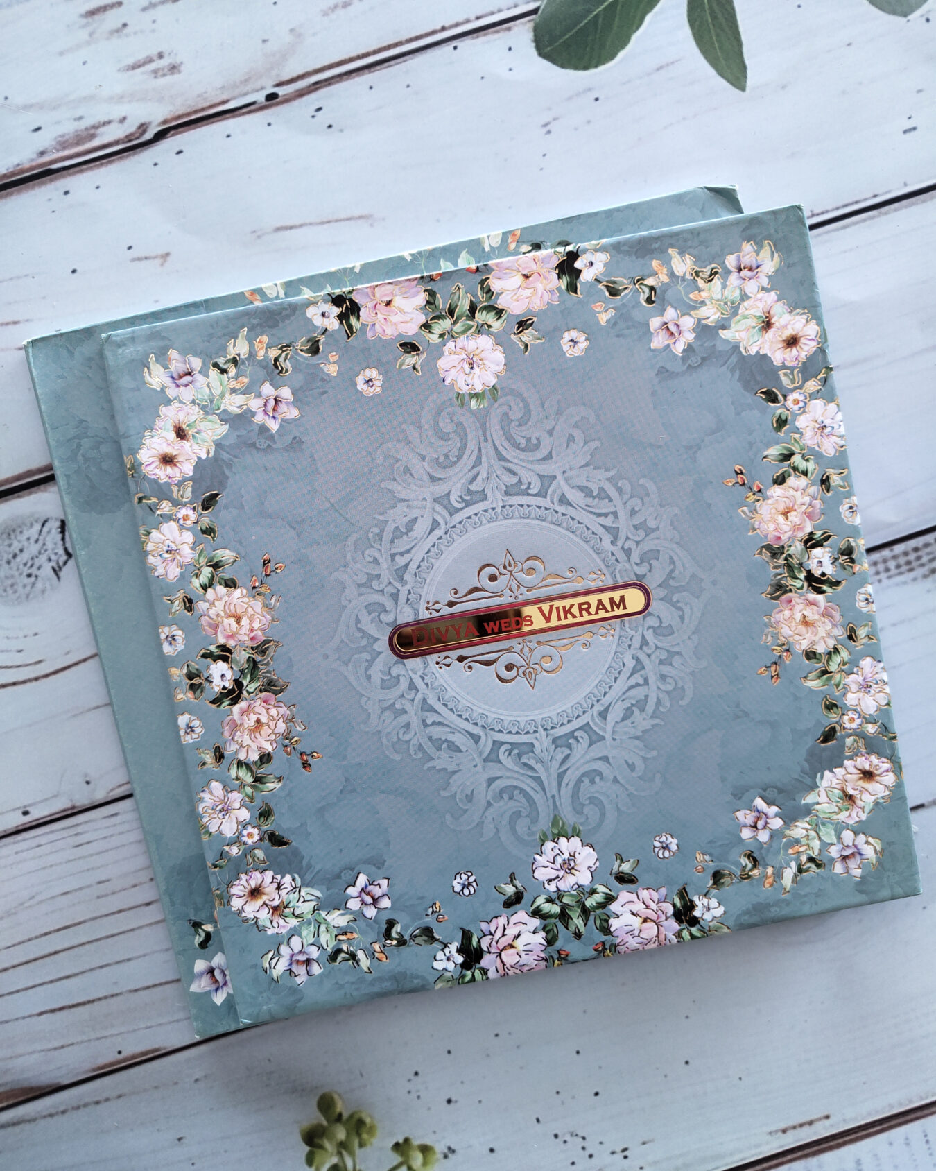 Luxury Ocean Blue Square Padded Wedding Invitation Card with Acrylic Nameplate & Matching Envelope