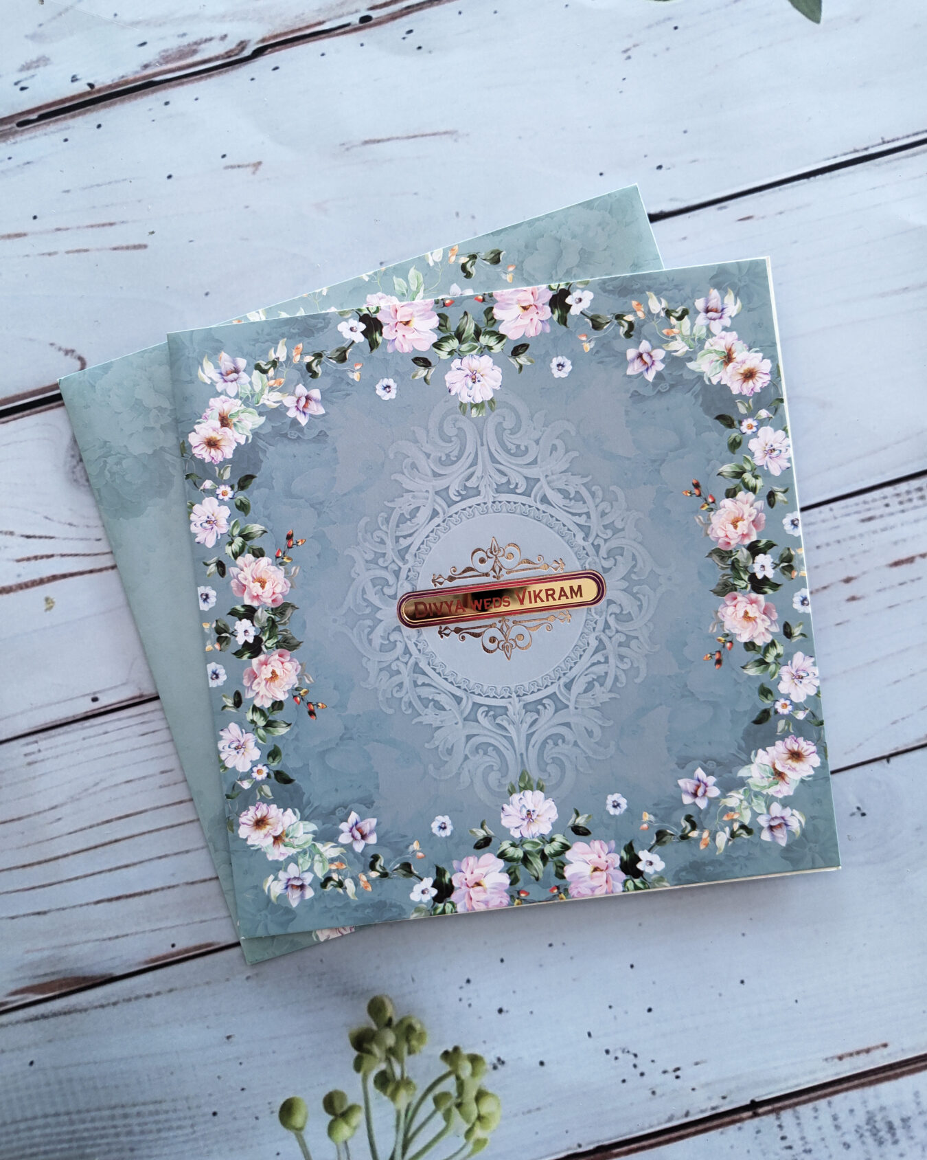 Ocean Blue Square Wedding Invitation Card with Acrylic Nameplate & Matching Envelope