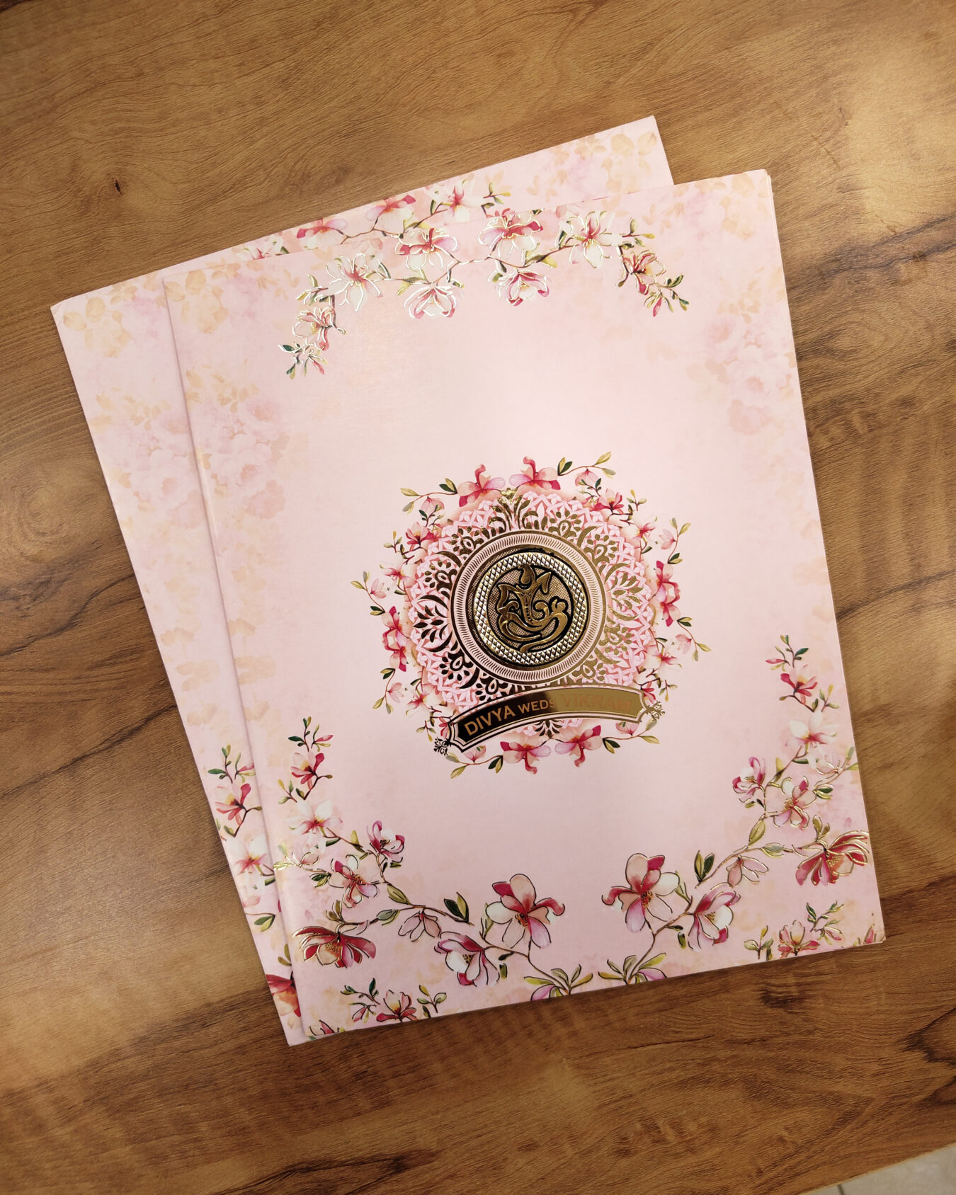 Pink Floral Wedding Invitation Card with Acrylic Nameplate, Customisable Emblem & Matching Envelope