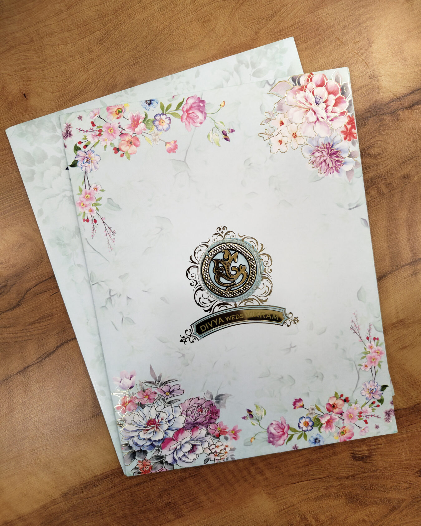 Light Blue Floral Wedding Invitation Card with Acrylic Nameplate, Customisable Emblem & Matching Envelope