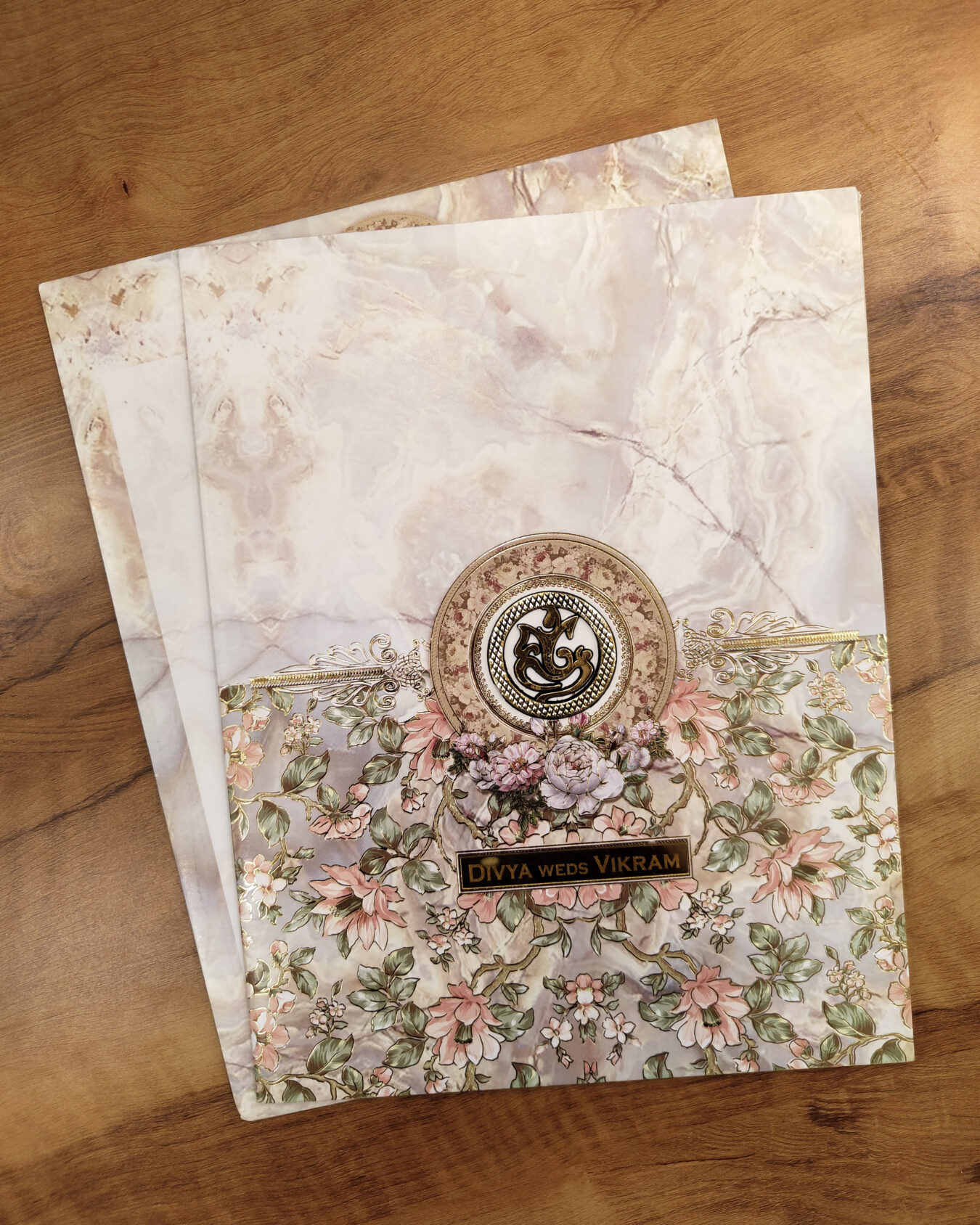 Grey Half Floral Wedding Invitation Card with Acrylic Nameplate, Customisable Emblem & Matching Envelope