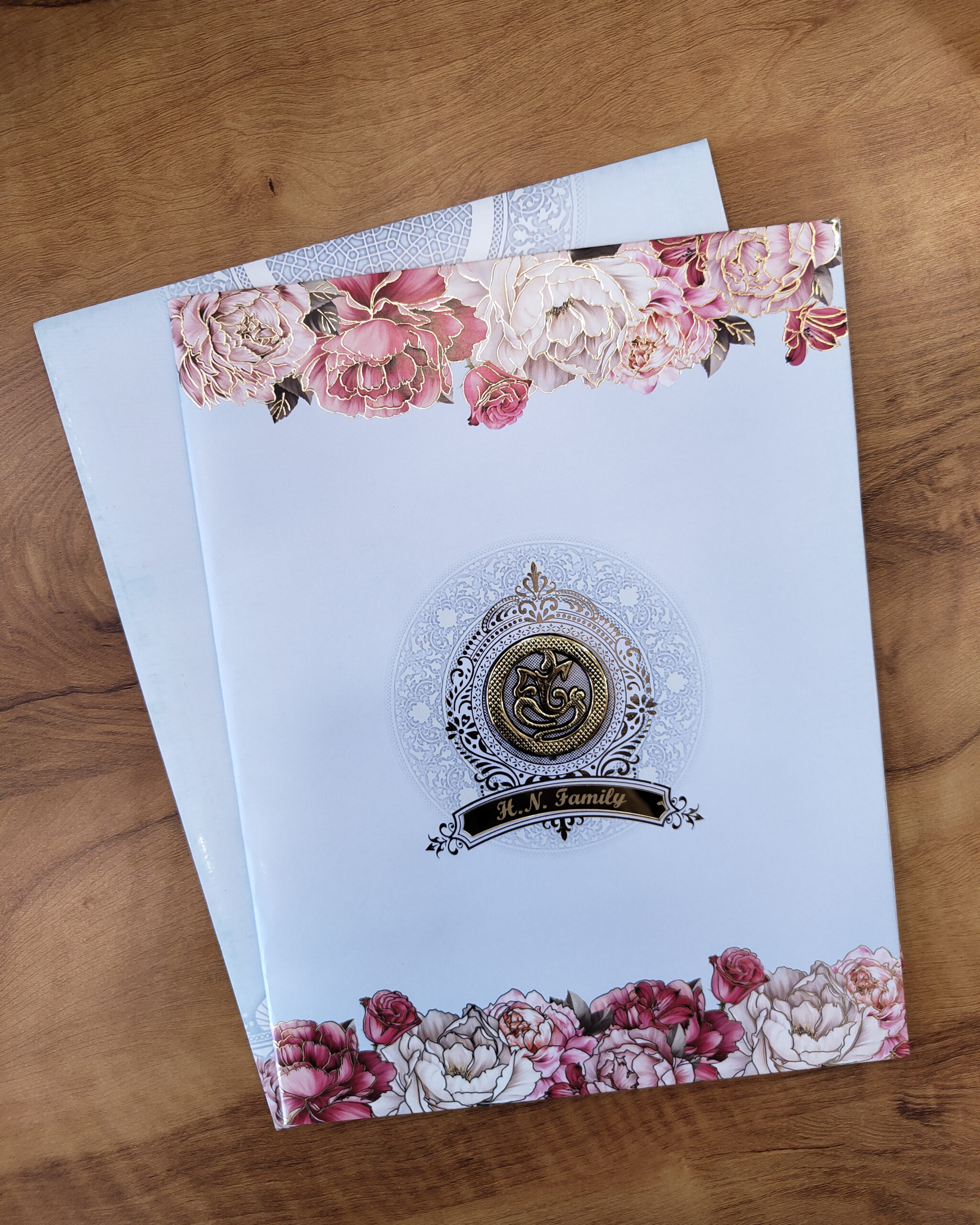 Ocean Light Blue Floral Border Wedding Invitation Card with Acrylic Nameplate, Customisable Emblem & Matching Envelope