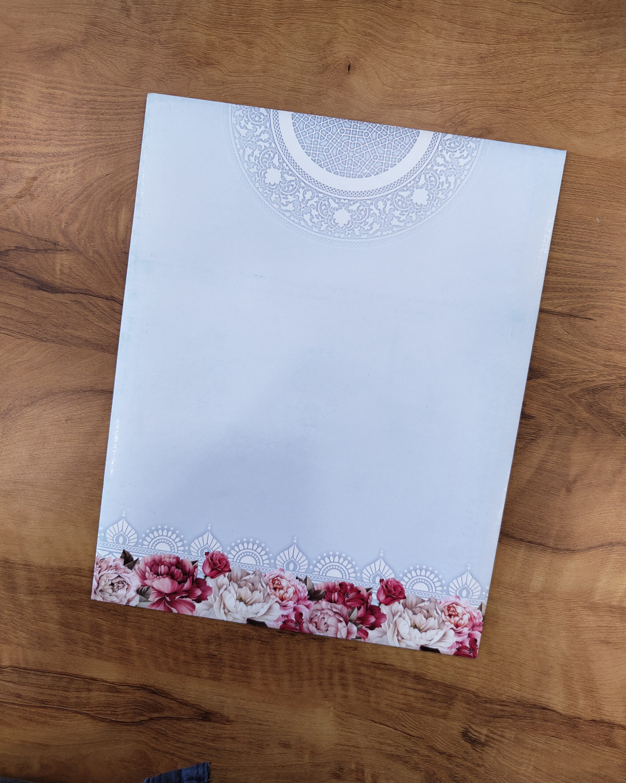 Ocean Light Blue Floral Border Wedding Invitation Card with Acrylic Nameplate, Customisable Emblem & Matching Envelope - Image 3