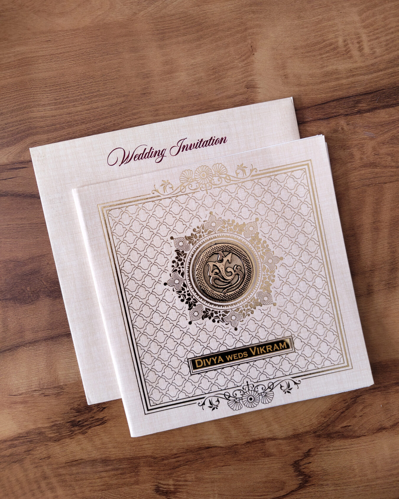 Ivory Weave Wedding Invitation Card with Acrylic Nameplate, Customisable Emblem & Matching Envelope