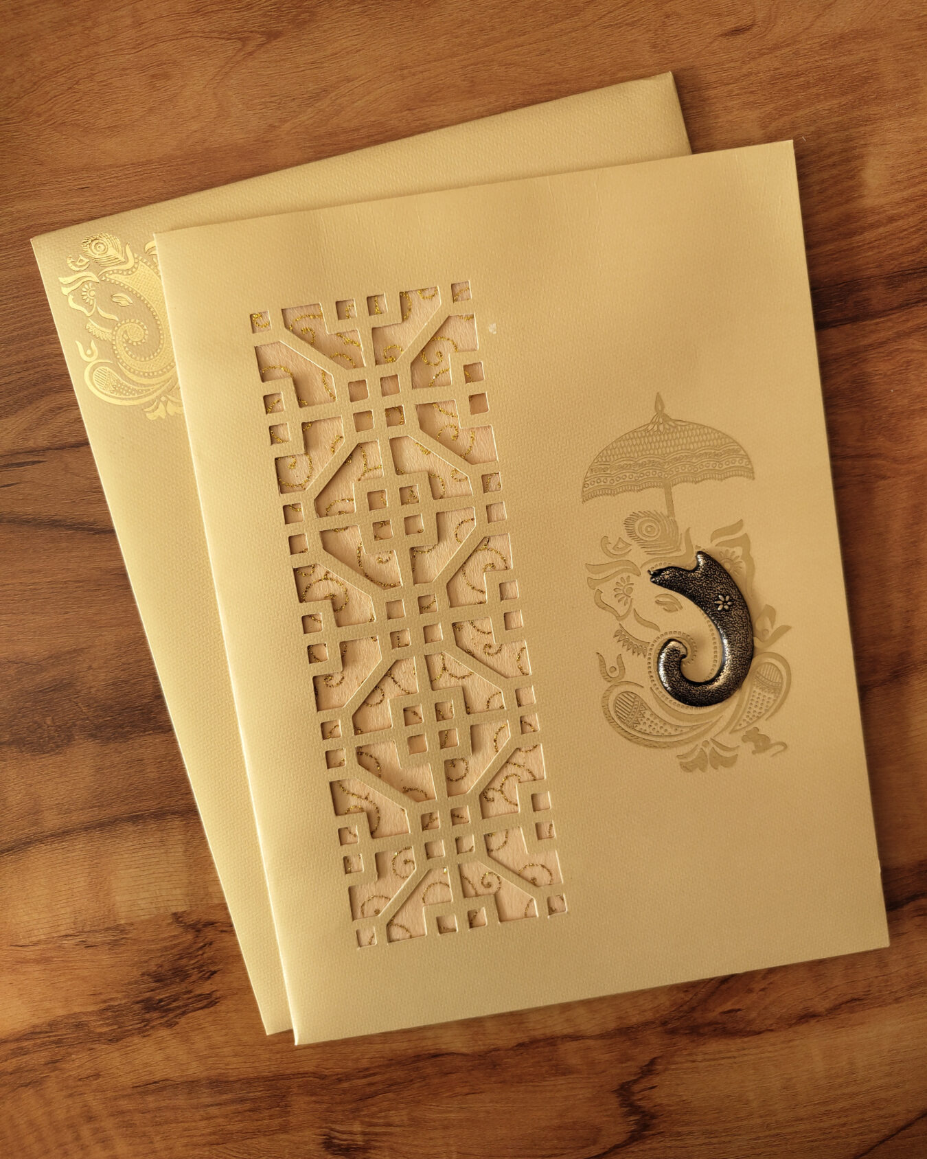 Golden Die-Cut Wedding Invitation Card with Acrylic Nameplate, Customisable Emblem & Matching Envelope