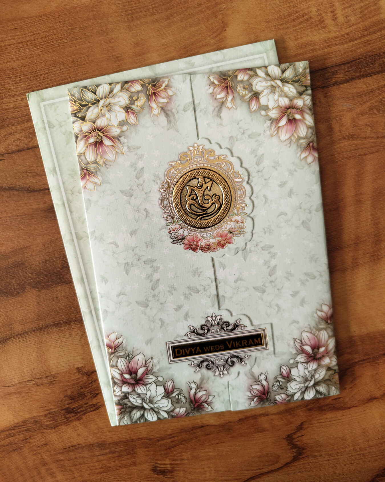 Light Grey Floral Wedding Invitation Card with Acrylic Nameplate, Customisable Emblem & Matching Envelope