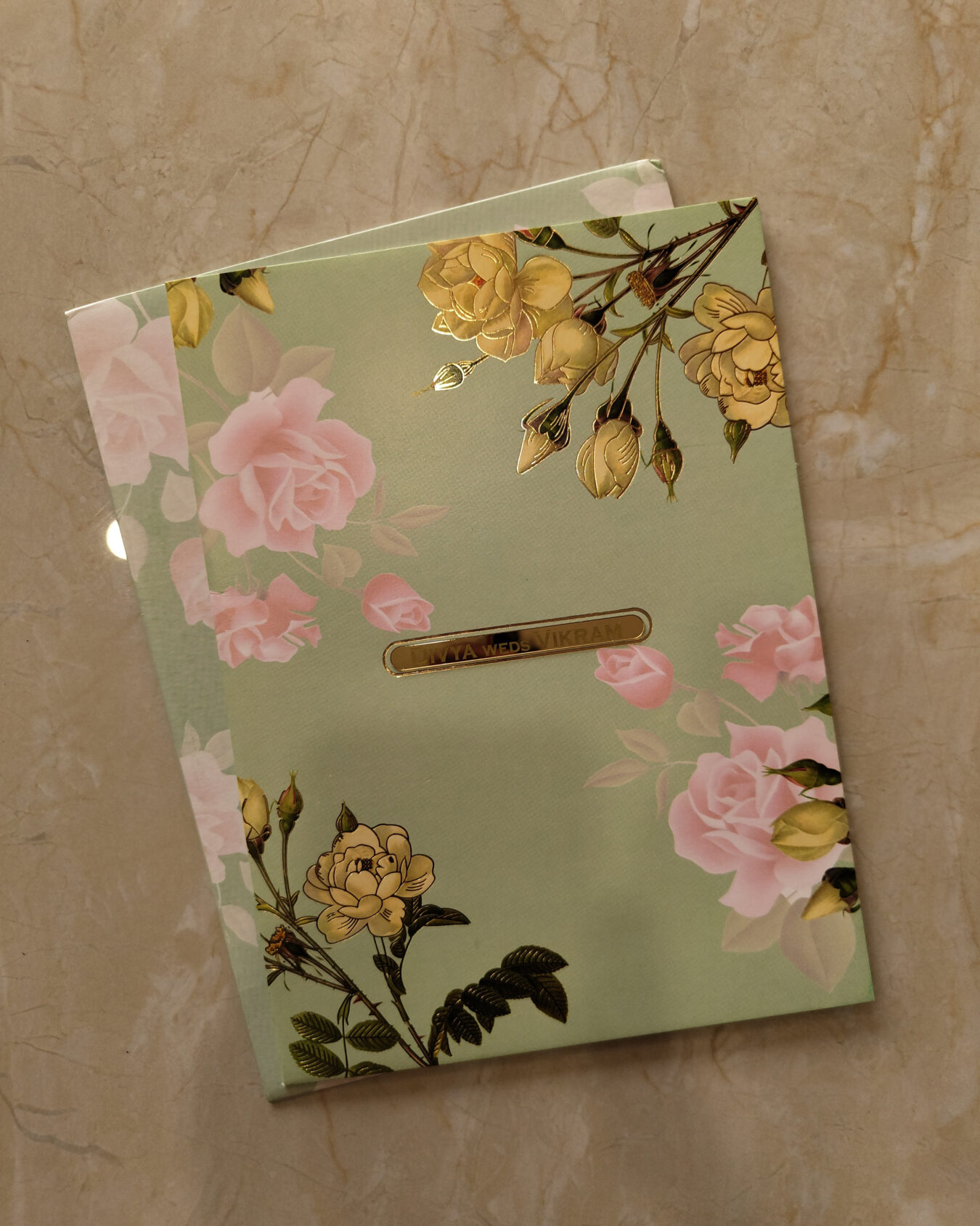 Mint Green Rose Floral Wedding Invitation Card with Acrylic Nameplate & Matching Envelope