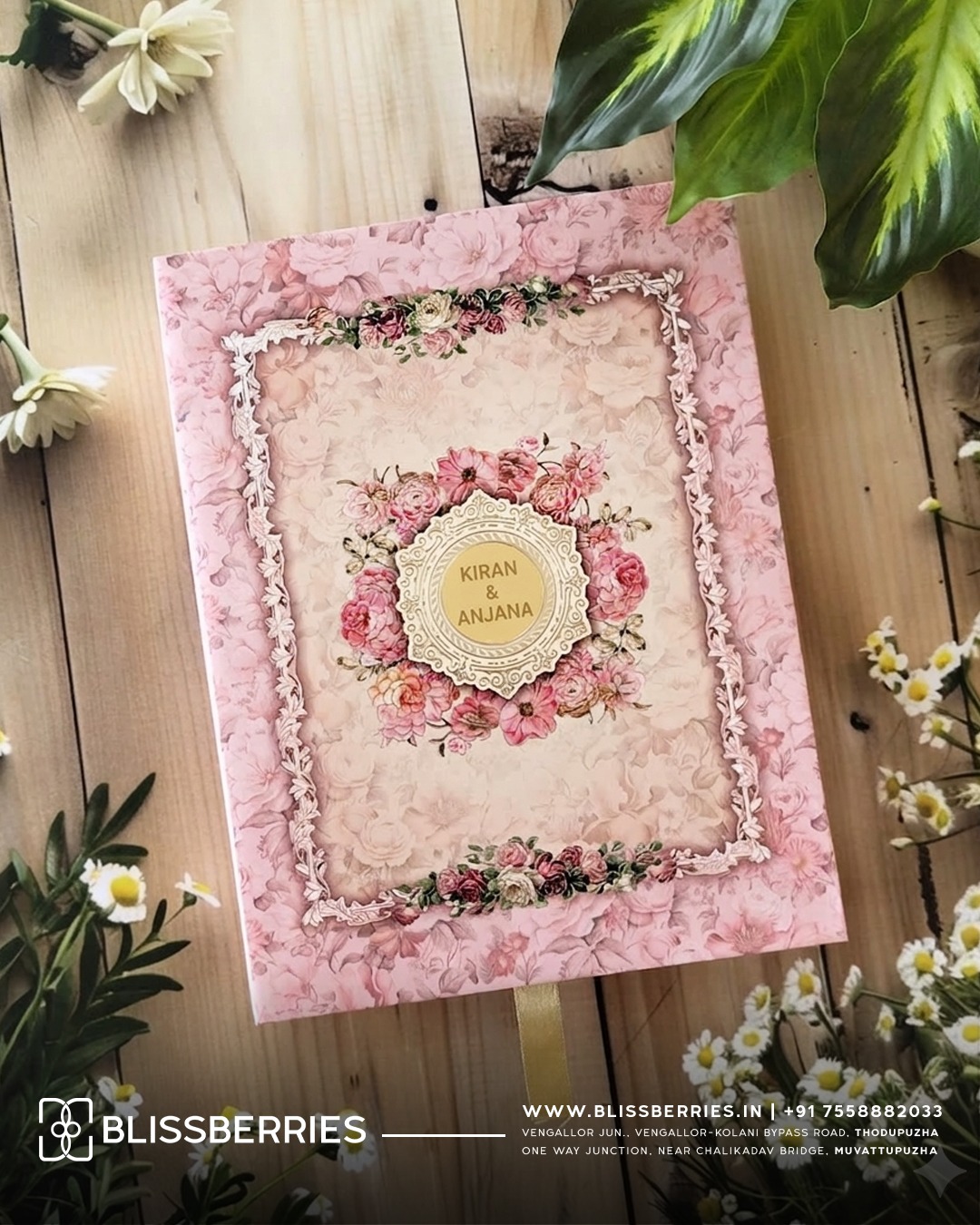 Ultra Luxury Pink Floral Wedding Invitation Box with Acrylic Nameplate & Matching Shopper Envelope – Premium Luxury  Designer Shopper-Style Card