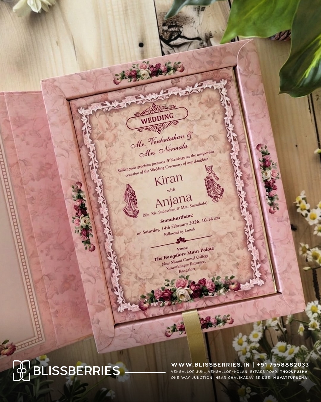 Ultra Luxury Pink Floral Wedding Invitation Box with Acrylic Nameplate & Matching Shopper Envelope – Premium Luxury Designer Shopper-Style Card - Image 4