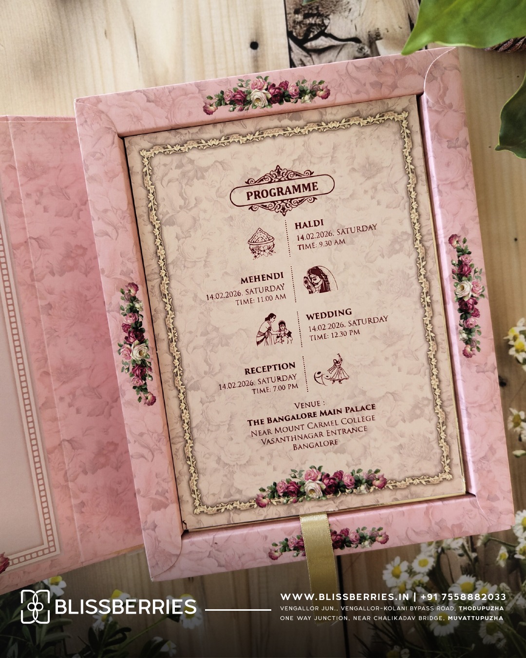 Ultra Luxury Pink Floral Wedding Invitation Box with Acrylic Nameplate & Matching Shopper Envelope – Premium Luxury Designer Shopper-Style Card - Image 5