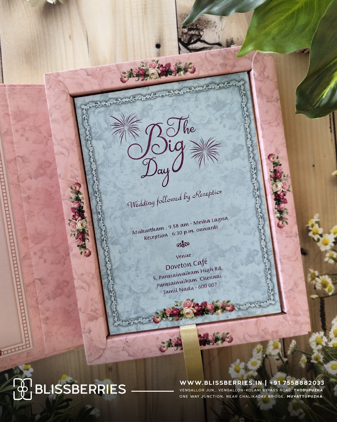 Ultra Luxury Pink Floral Wedding Invitation Box with Acrylic Nameplate & Matching Shopper Envelope – Premium Luxury Designer Shopper-Style Card - Image 3