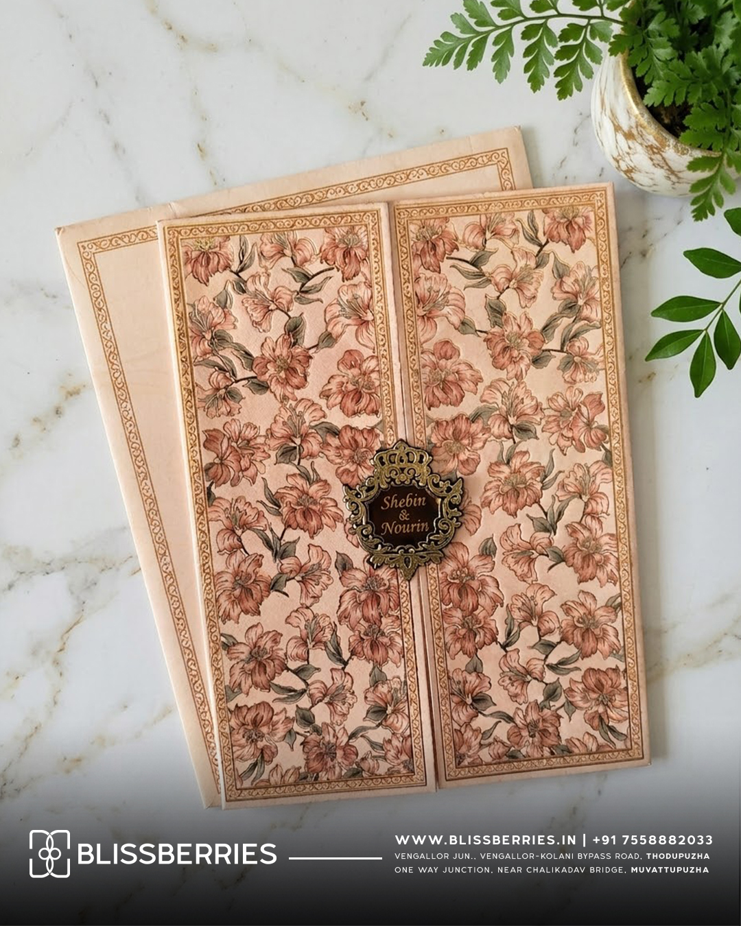 Peach Floral Royal Wedding Invitation Card with Acrylic Nameplate and Matching Envelope