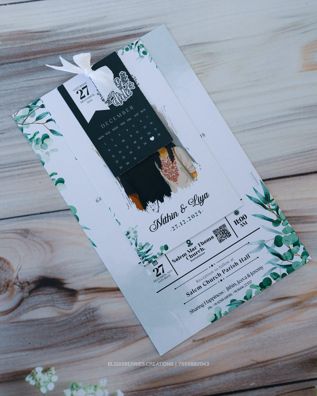 Ocean Green 3-Layer Invitation Card with Ribbon & Photo | Premium Elegant Design