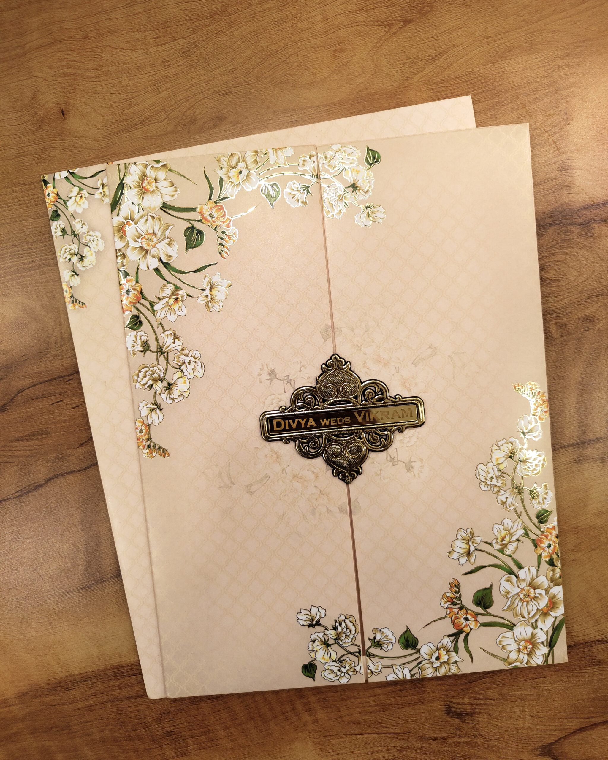 Light Orange Floral Wedding Invitation Card with Acrylic Nameplate and Matching Envelope