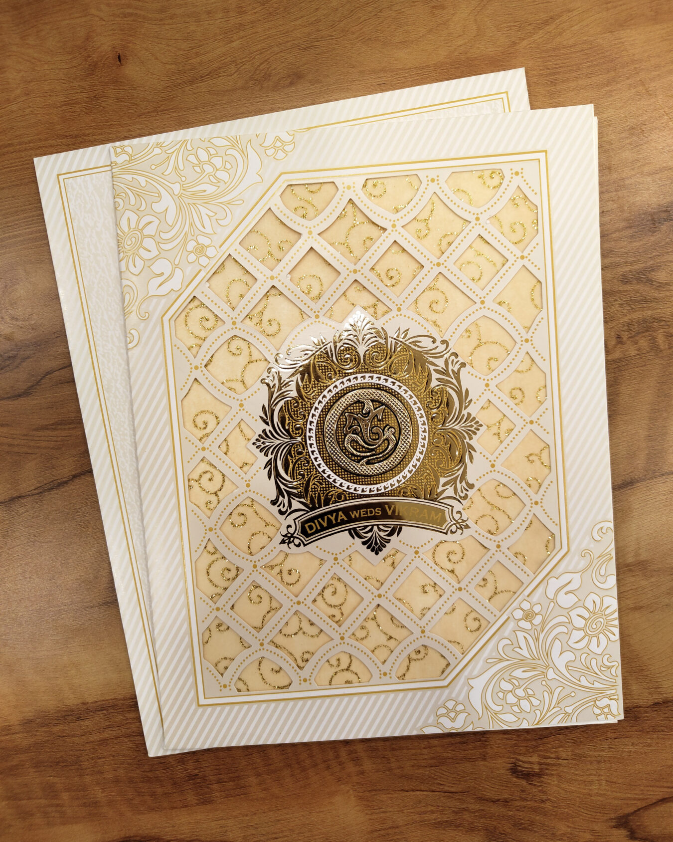 Cream & Off-White Die-Cut Wedding Invitation Card with Acrylic Nameplate & Customisable Emblem and Matching Envelope