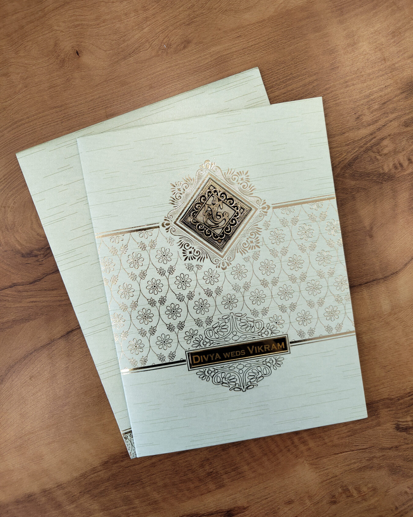 Pure White Round Embossed Wedding Invitation Card with Acrylic Nameplate & Customisable Emblem and Matching Envelope