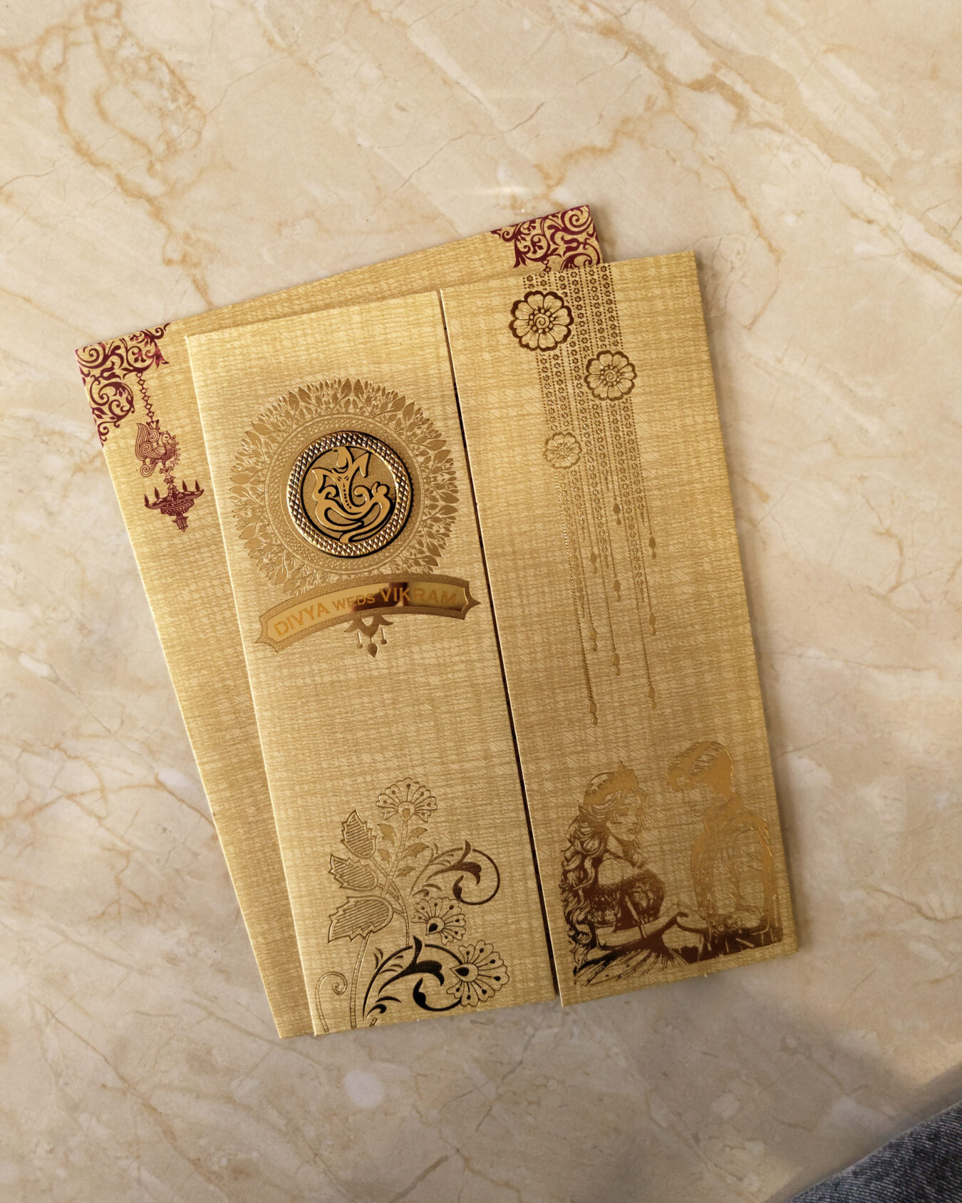 Yellow Golden Gold Foiled Cinderella Wedding Invitation Card with Acrylic Nameplate & Customisable Emblem and Matching Envelope