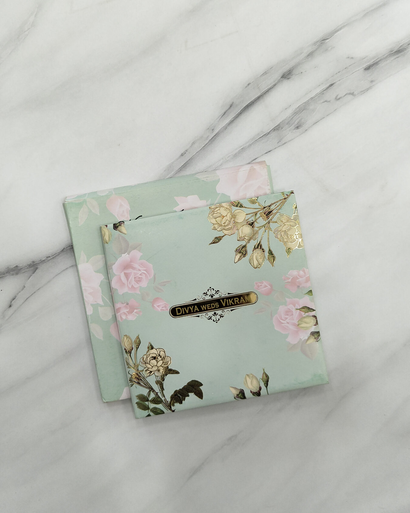 Green Floral Square Padded Wedding Invitation Card with Acrylic Nameplate | Matching Envelope