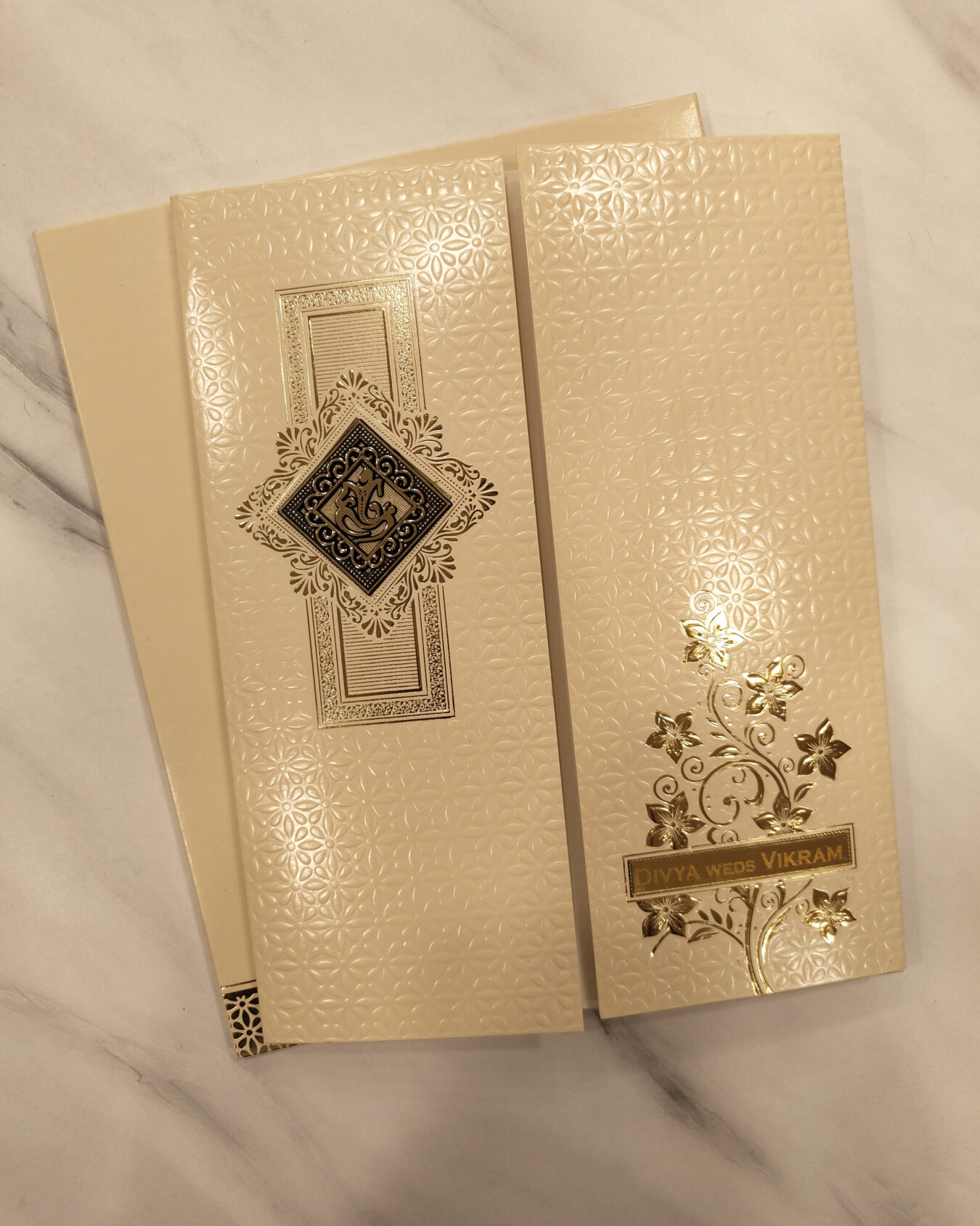 Cream Door Opening Wedding Invitation Card with Acrylic Nameplate, Customisable Emblem & Matching Envelope