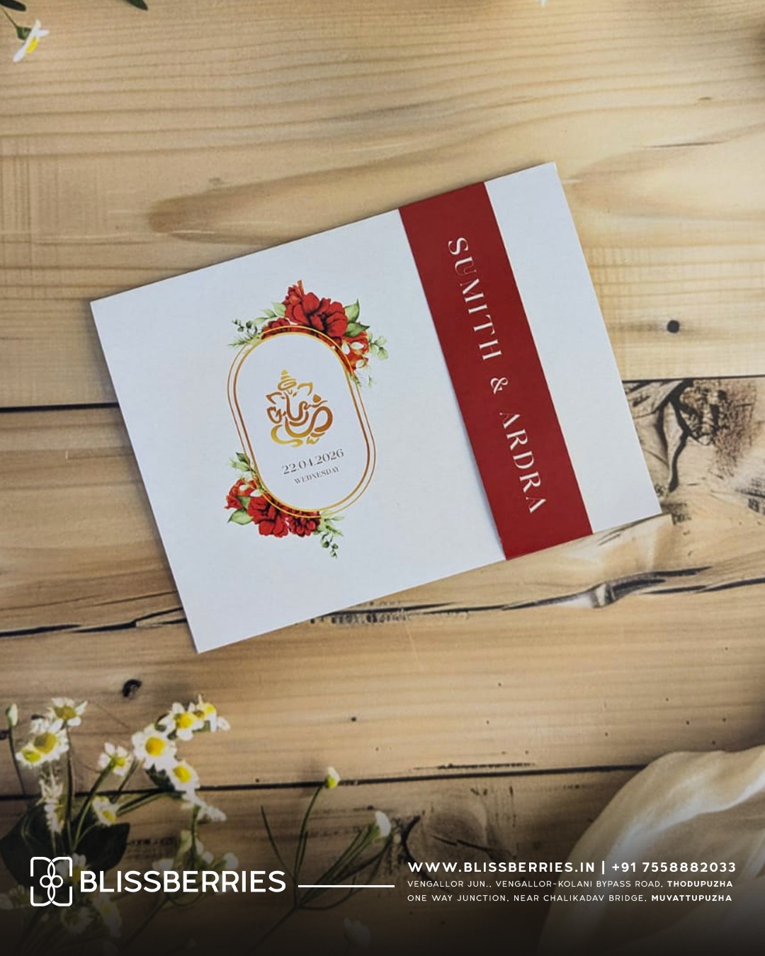 Elegant Royal Red Belt-Fold Wedding Invitation Card with Premium Finish