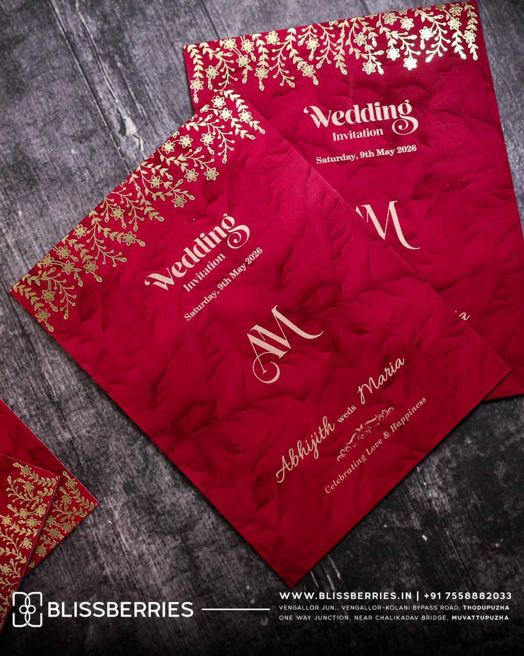 Wine Red Floral Gold Foiled Wedding Invitation Card with Elegant Matching Envelope