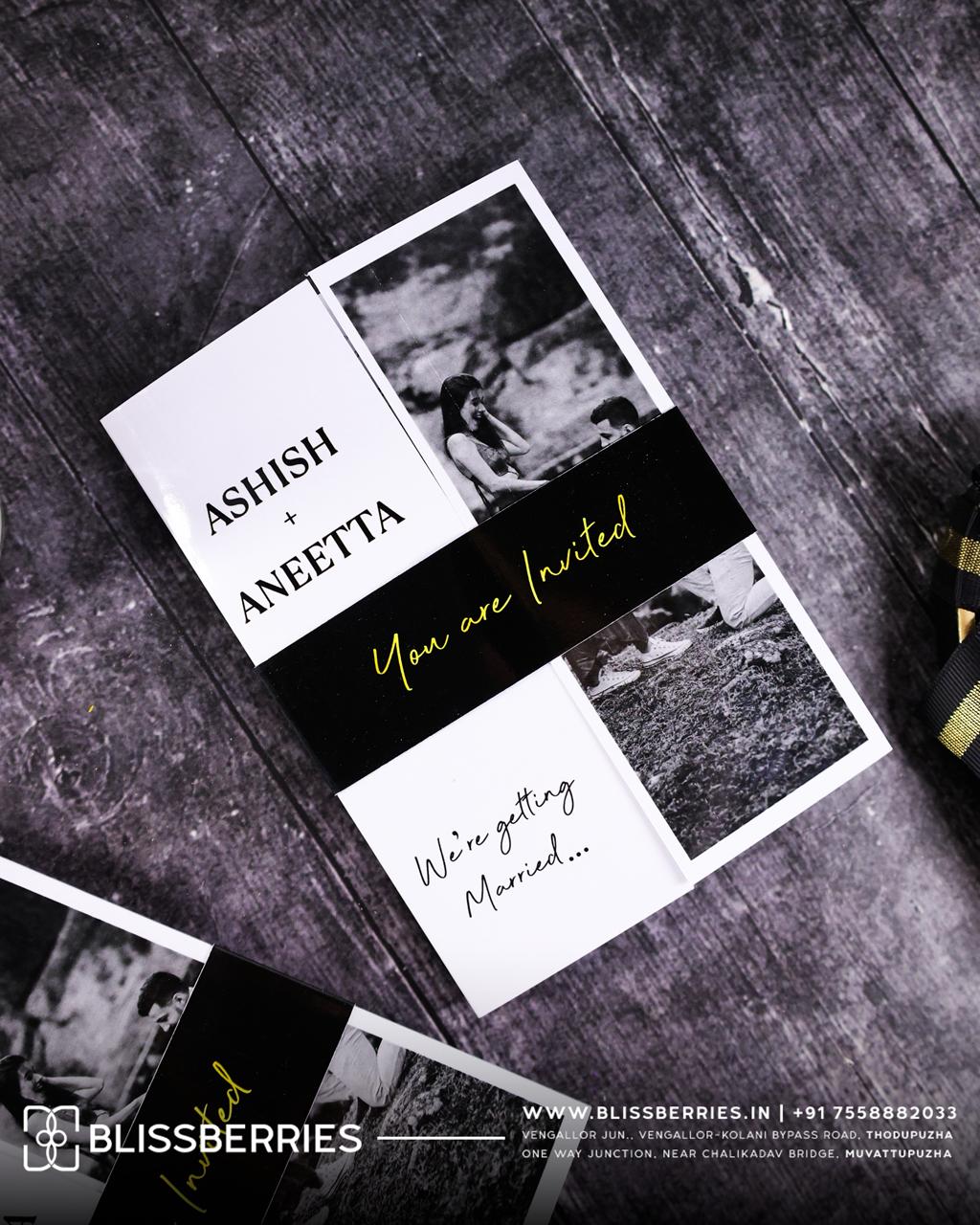 Black & White Folded Wedding Invitation Card with Belt – Premium Elegant Marriage Invitation Card