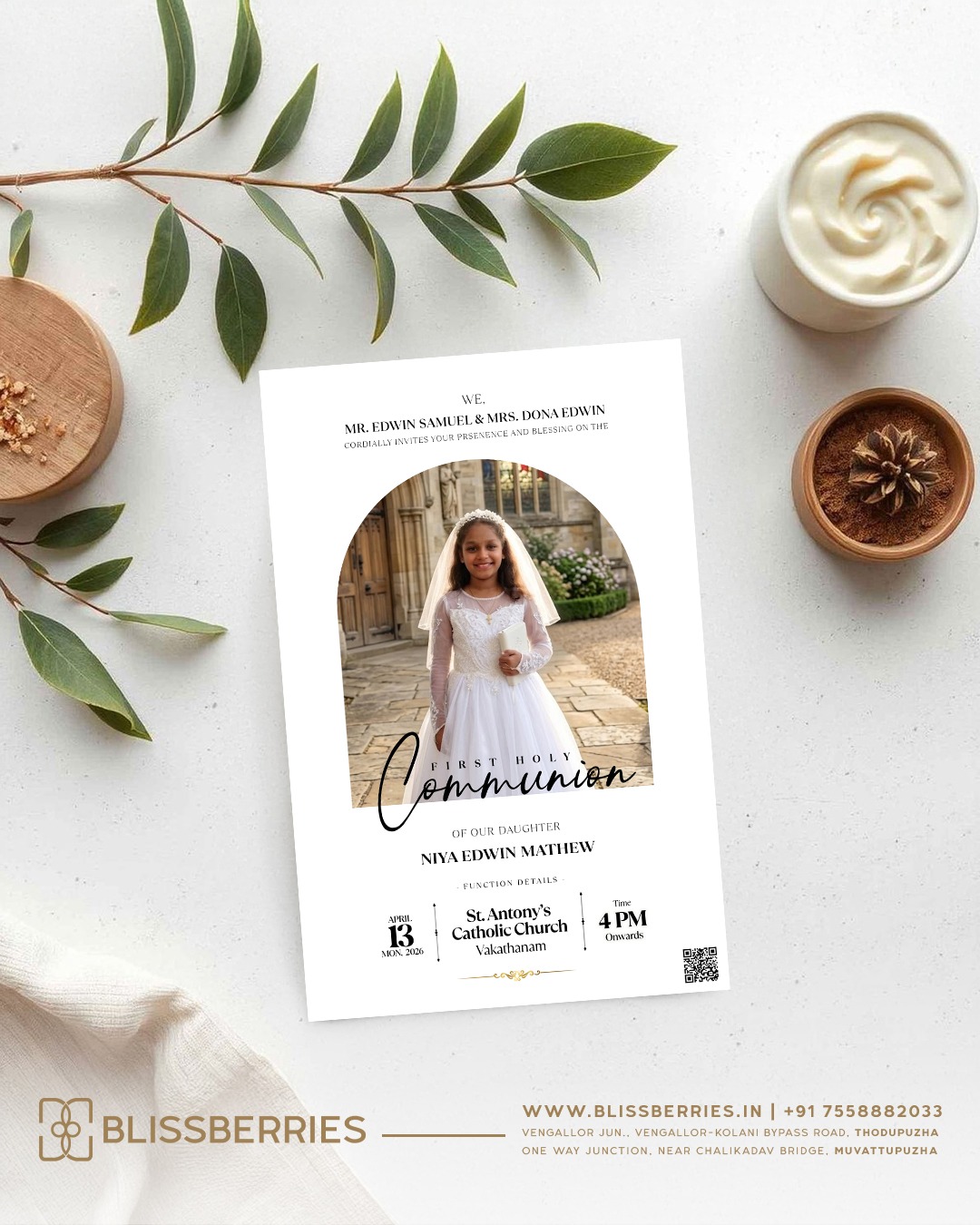 Classic White Holy Communion Invitation Card – Elegant First Communion Card for Boys & Girls