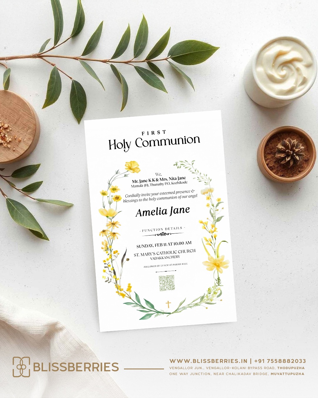 Yellow Floral Holy Communion Invitation Card – Elegant First Communion Card with Floral Design