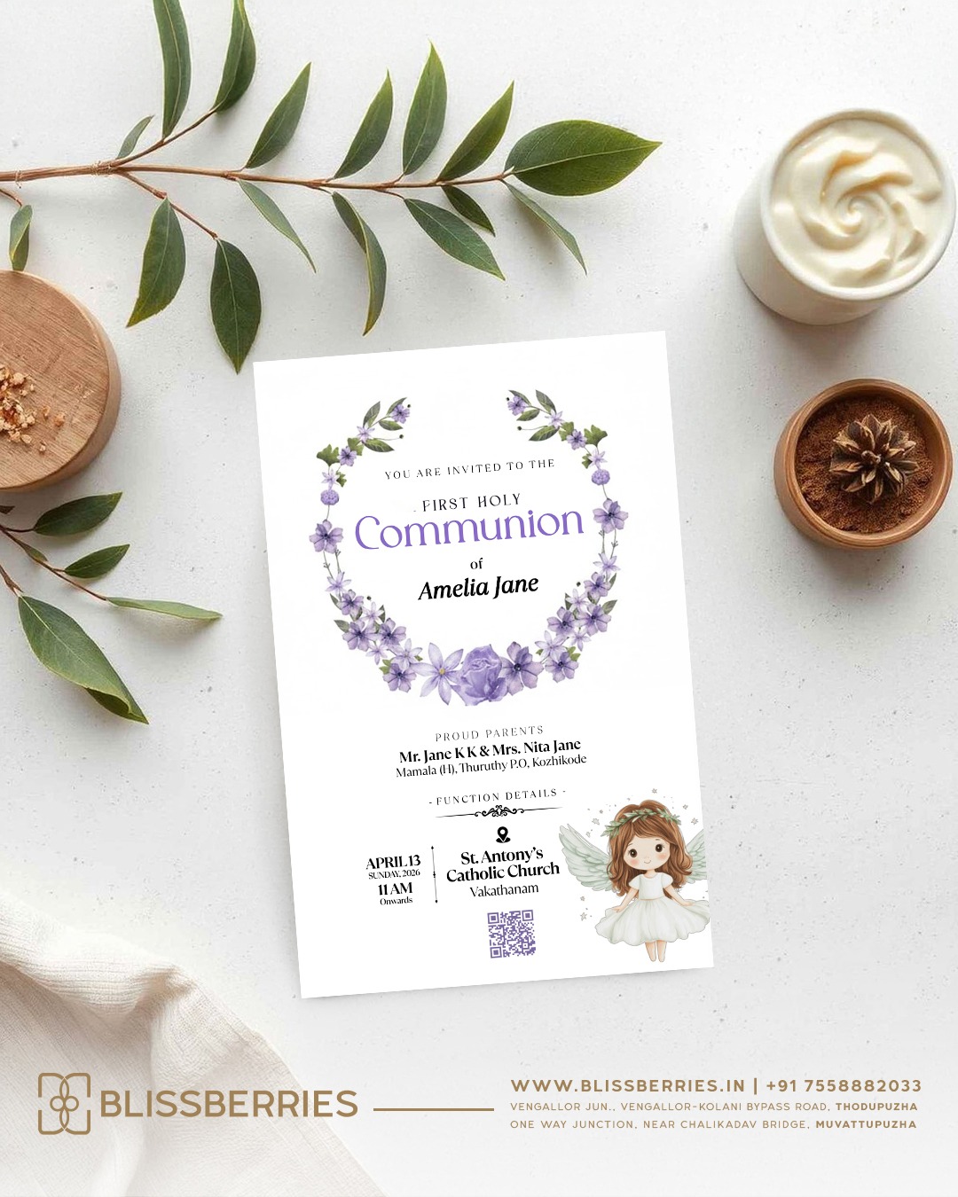 Lavender Theme Holy Communion Invitation Card – Elegant First Communion Card with Pastel Purple Design