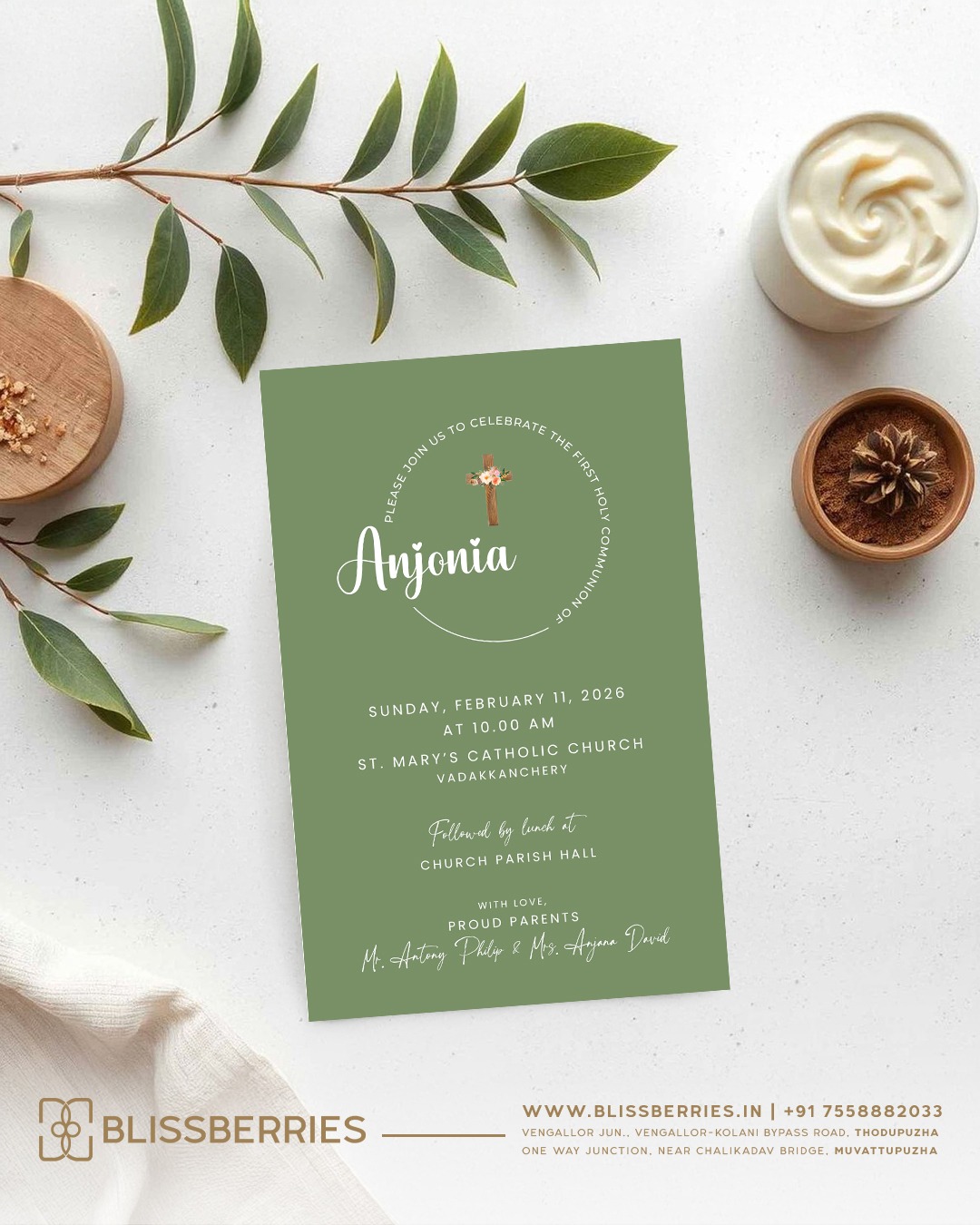 Pastel Green Holy Communion Invitation Card – Elegant First Communion Card