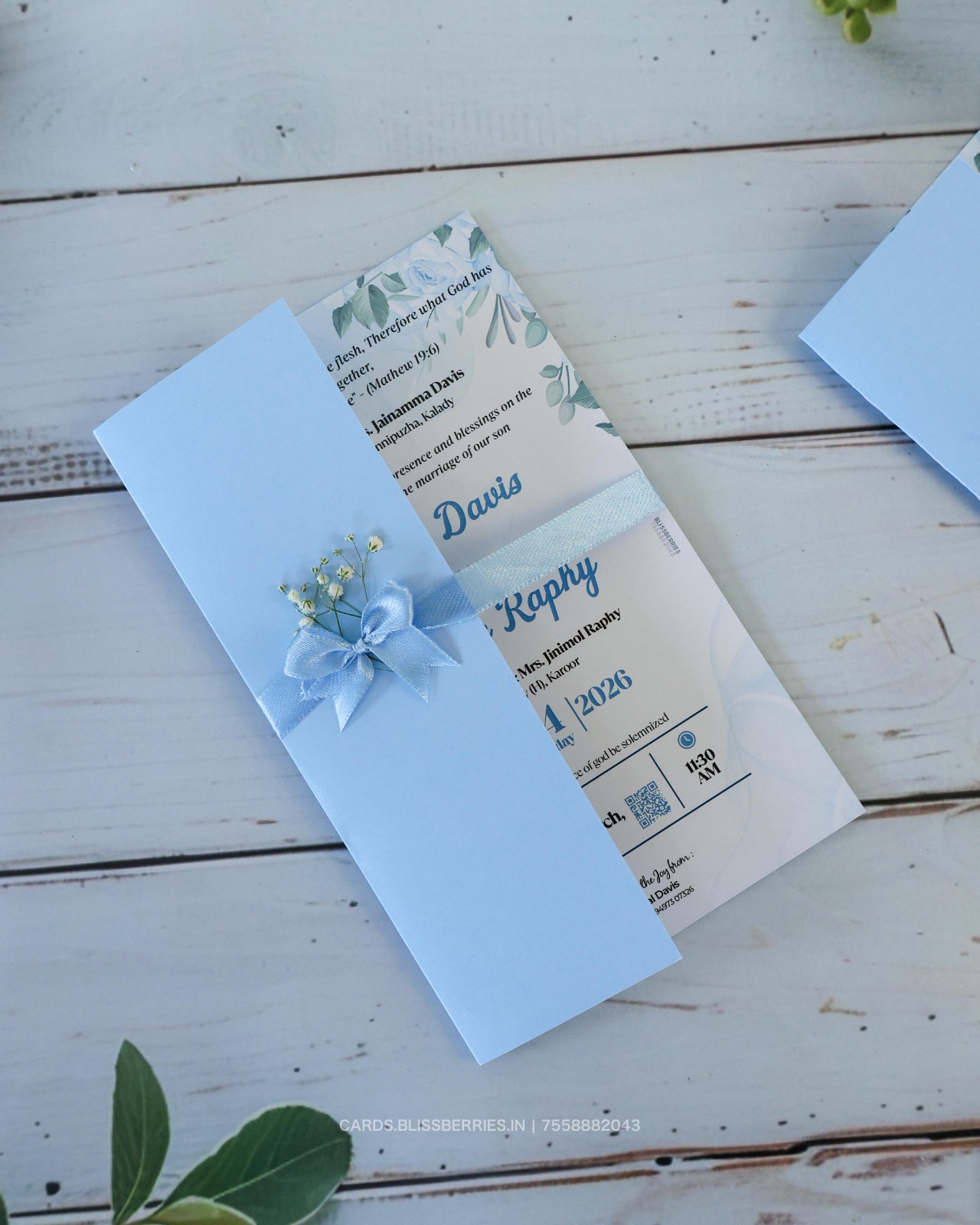 Light Blue Floral Tie Invitation Card – Elegant Designer Card with Flower Theme