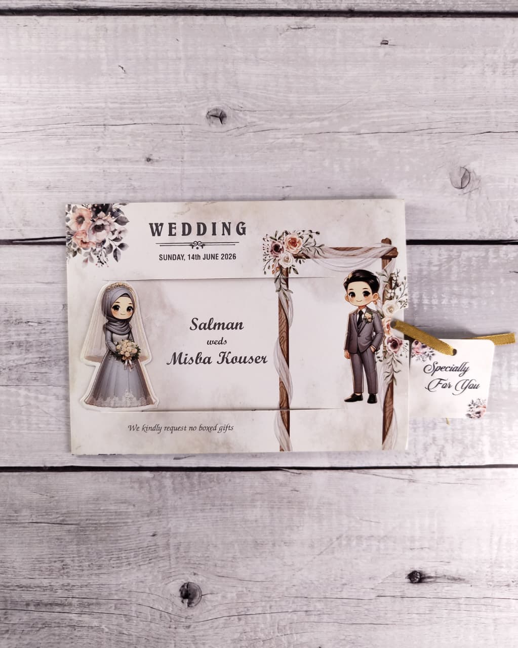 Elegant Muslim Couple Caricature Sliding Wedding Invitation Card